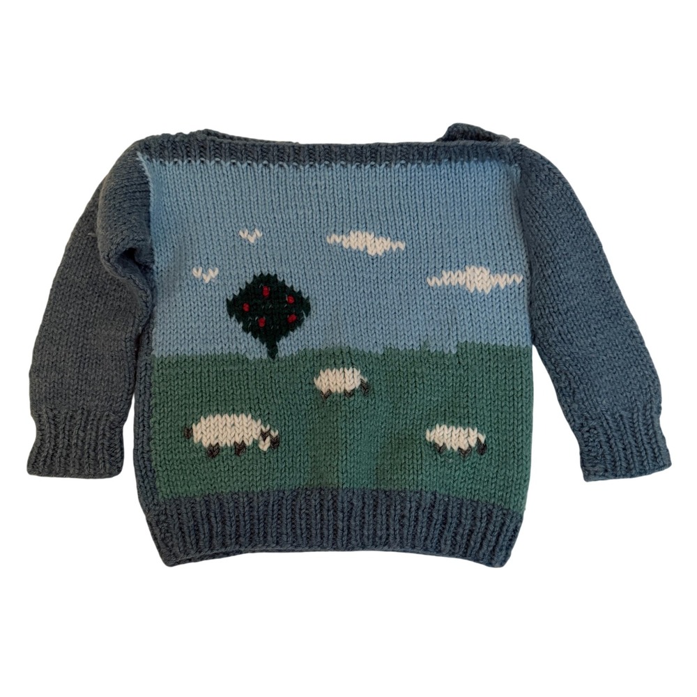 Phyllis Hanley Sheep Sweater Toddler Blue Green Hand Knit Pastoral Excellent